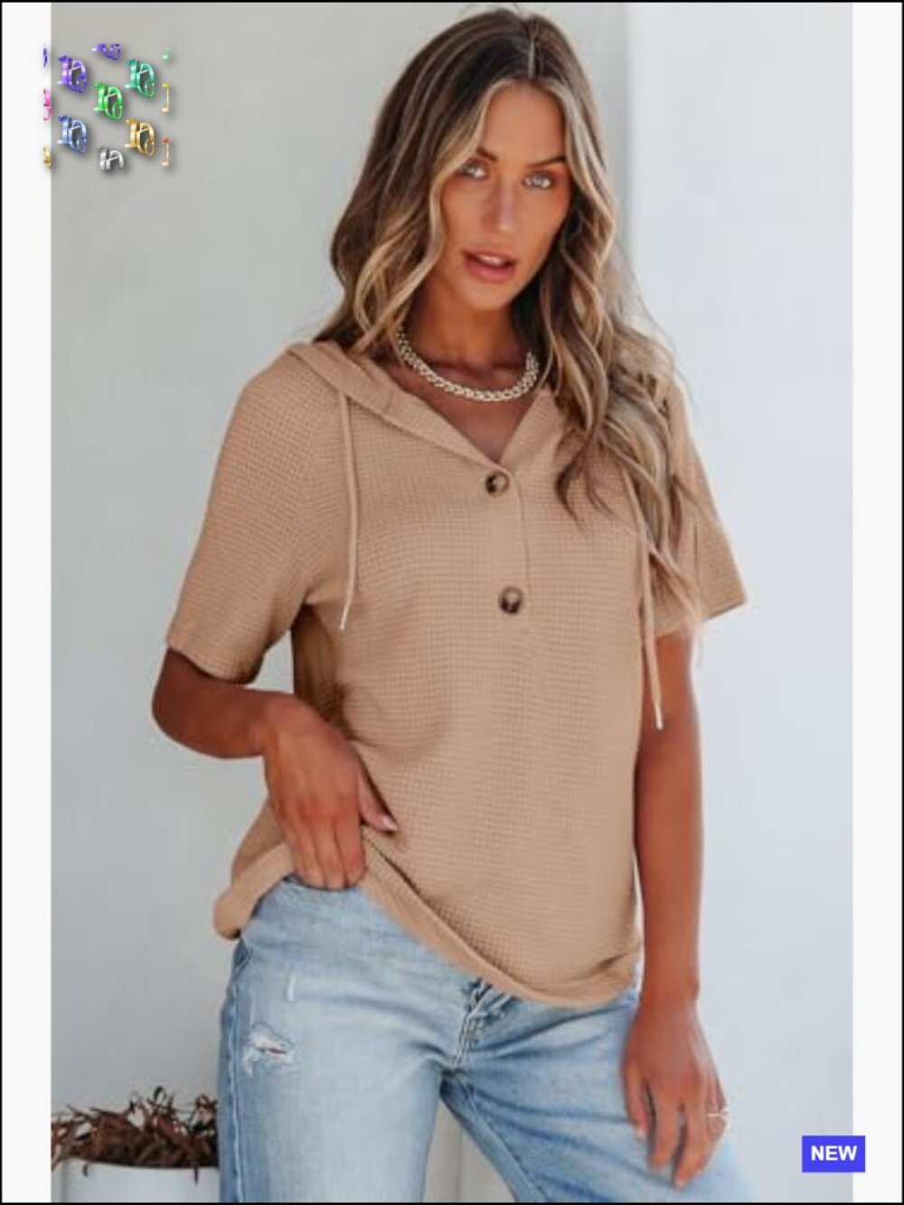 Waffle Knit Short Sleeve Hoodie Casual Button V Neck Lightweight Blouse - Picture 3 of 7